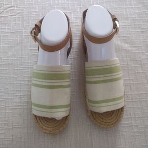 Tory Burch Logo Espadrille Sandals Shoes Womens Sz 8.5 Brown Green Beige Strappy